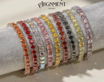 Rainbow Moissanite Tennis Bracelet 925 Sterling Silver 18K White Gold Plated | Colored Diamond Alternative Dainty Gift for Her