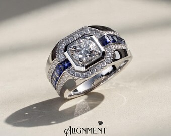 Mens Blue Sapphire Moissanite Ring 925 Sterling Silver Art Deco Engagement Ring 2.68CT Luxury Statement Band Gift for Him