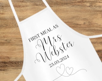 Delantal de novia de boda, primera comida como señora, delantal personalizado. Día de la boda. Accesorios de boda, Decoración de boda, Regalo de boda para novia