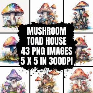 Setas de acuarela Toadstool House - 43 imágenes PNG HQ - Contorneadas, fondo blanco - Licencia comercial