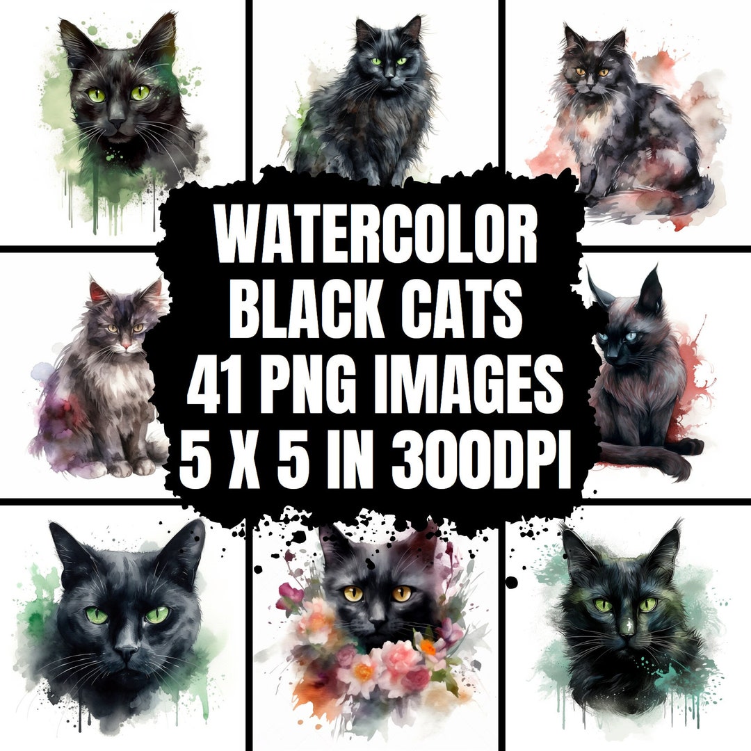 Watercolor Airbrushed Black Cats Clipart - 41 HQ PNG Images - Floral ...