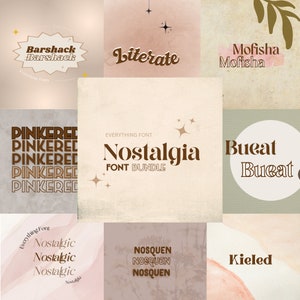 Peut inclure: Un collage de neuf polices de caractères différentes, chacune avec un style et un nom uniques. Les polices sont affichées sur une variété de fonds, y compris le rose, le beige et le vert. Les polices sont toutes en brun et comprennent les noms : Barshack, Literate, Mofisha, Pinkered, Nostalgia, Bueat, Nostalgic, Nosquen et Kieled.