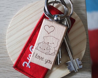 Llavero de gato de madera grabado: regalo de "Te amo" para parejas