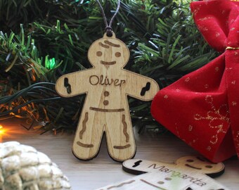 Adorno de hombrecito de jengibre de madera personalizado: decoración navideña grabada