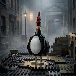 Puede incluir: Una escultura de Lego en blanco y negro de un pájaro con un tocado rojo, de pie sobre una base de Lego. El pájaro tiene un cuerpo blanco en forma de huevo y ojos amarillos. El fondo muestra una escena de calle brumosa.