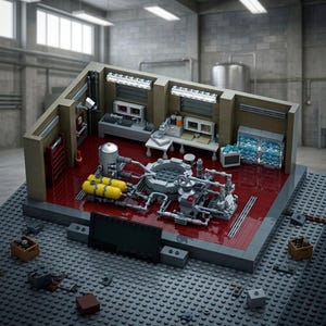 Puede incluir: Modelo LEGO detallado de un laboratorio o entorno industrial. El modelo presenta una compleja red de tuberías, tanques y maquinaria, con tanques cilíndricos amarillos y una estructura circular central. El interior incluye mesas de laboratorio, equipos y un suelo rojo.
