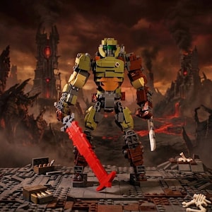 Puede incluir: Una figura de Lego de un guerrero con armadura verde oliva, marrón y gris, sosteniendo una espada roja y un cuchillo plateado. La figura está sobre una base de Lego gris, con un fondo ardiente con un castillo y lava.