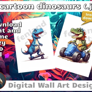16 fun cartoon dinosaur pictures, high quality colourful printable jpg images, instant digital download, ideal wall art designs for framing