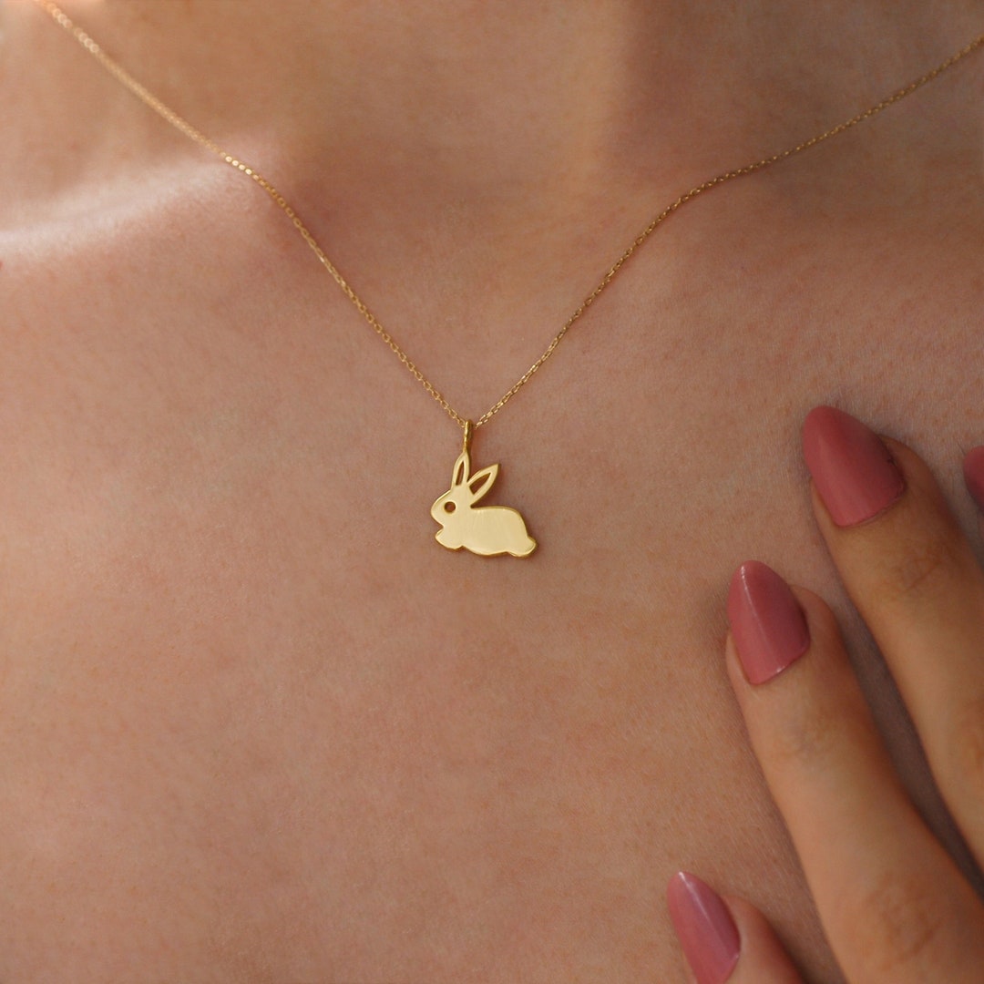 14K Solid Gold Bunny Necklace Dainty Rabbit Necklace Gold Etsy