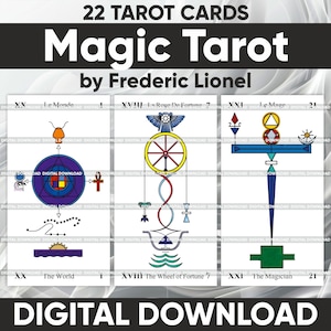 May include: A collection of 22 Magic Tarot cards by Frederic Lionel. The cards display intricate illustrations with symbols and text, including "Le Monde," "The Wheel of Fortune," and "The Magician." The words "Digital Download" are at the bottom.