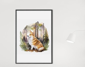 Corgi en el bosque - Una impresión de arte de perro Corgi de acuarela digital / Arte de pared imprimible para oficina, sala de estar, dormitorio, guardería, perros