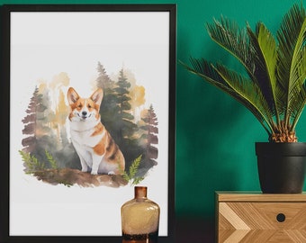 Forest Friends Corgi - Una impresión de arte de perro Corgi de acuarela digital / Arte de pared imprimible para oficina, sala de estar, dormitorio, guardería, perros