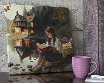 Riverside Reader - Impresión de arte digital para espacios acogedores Decoración del hogar / Arte de pared para oficina, sala de estar, dormitorio, inspiración / arte infantil