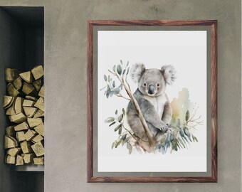 Koala Cuddle - Una impresión de arte Koala de acuarela digital / Arte de pared imprimible para oficina, sala de estar, dormitorio, guardería