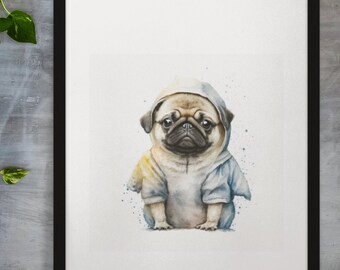 Adorable Baby Pug en un arte de acuarela con capucha - Descarga instantánea / Arte de pared imprimible para oficina, sala de estar, dormitorio, guardería