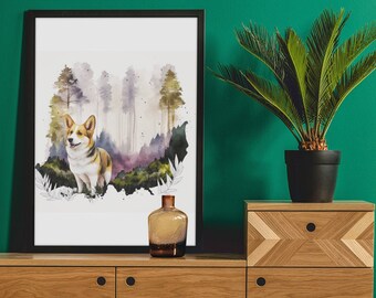 Wilderness Corgi - Una impresión de arte de perro Corgi de acuarela digital / Arte de pared imprimible para oficina, sala de estar, dormitorio, guardería, perros