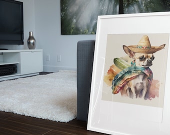 Señor Chihuahua con sombrero en acuarela - Impresión de arte digital para decoración del hogar / Arte de pared para oficina, sala de estar, dormitorio, guardería, perros