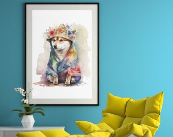 Adorable bebé Shiba Inu en ropa tradicional Arte de acuarela - Descarga instantánea / Arte de pared impreso para oficina, sala de estar, dormitorio, guardería