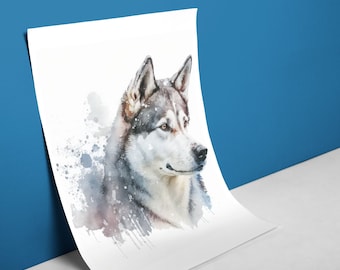 Frosty Paws: Obra de arte expresiva de acuarela Husky - Impresión de arte digital Decoración del hogar / Arte de pared para oficina, sala de estar, dormitorio, guardería, perros