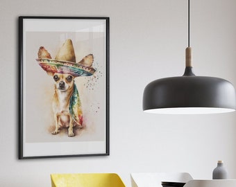 Chihuahua colorido con sombrero en acuarela - Impresión de arte digital para decoración del hogar / Arte de pared para oficina, sala de estar, dormitorio, guardería, perros