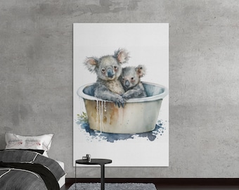 Dulce Koala y bebé bañándose en acuarela - Impresión de arte digital para decoración de guardería / Arte de pared para oficina, sala de estar, dormitorio, guardería
