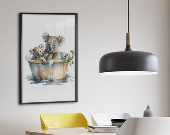 Dulce Koala y bebé bañándose en acuarela 2 - Impresión de arte digital para decoración de guardería / Arte de pared para oficina, sala de estar, dormitorio, guardería