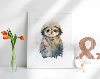 Adorable bebé Shih Tzu en un arte de acuarela con capucha - Descarga instantánea / Arte de pared imprimible para oficina, sala de estar, dormitorio, guardería