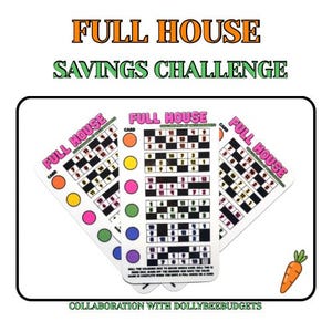 May include: Three white cards with the text "FULL HOUSE" and a savings challenge theme. The cards have a bingo-like grid with numbers and coloured circles. The image also includes a cartoon carrot and the text "SAVINGS CHALLENGE".