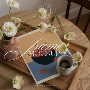 Wall Art Print Poster Mockup, Tabletop Scene with Flowers (PSD)