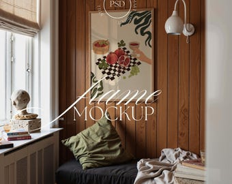 Vertikaler Rahmen Mockup: Skandinavisches Interieur, Kunst Display (PSD)
