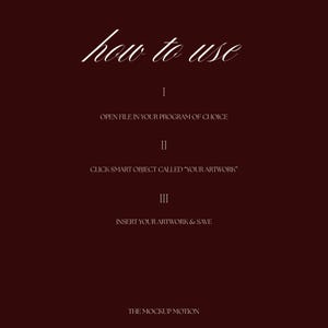 May include: A dark burgundy background with white text. The text reads "how to use" in a cursive font. Below, numbered steps explain how to use a program, including opening a file, clicking a smart object, and inserting artwork.