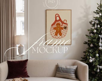 Christmas frame mockup, DIN A wooden frame, living room scene, PSD template with smart object