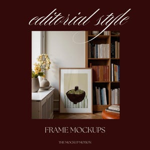Portrait wooden frame mockups leaning against an oak bookcase in a cozy Scandinavian-style reading nook — soft natural window light, hardwood floor, decorative vases and orchids on a console; styled home decor and print mockups for listings.