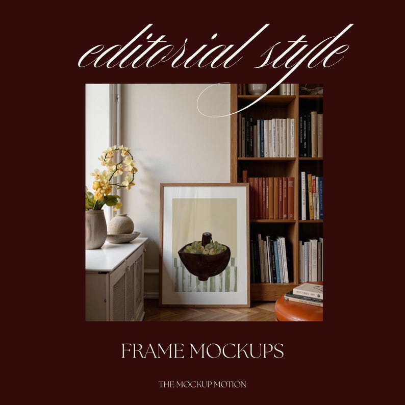 Portrait wooden frame mockups leaning against an oak bookcase in a cozy Scandinavian-style reading nook — soft natural window light, hardwood floor, decorative vases and orchids on a console; styled home decor and print mockups for listings.