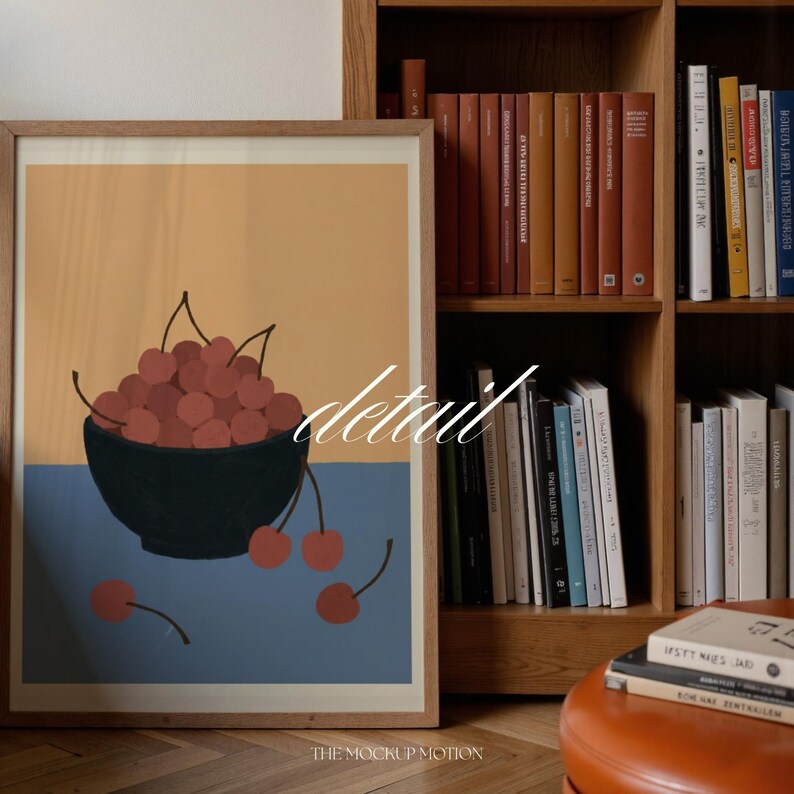 Portrait wooden frame mockups leaning against an oak bookcase in a cozy Scandinavian-style reading nook — soft natural window light, hardwood floor, decorative vases and orchids on a console; styled home decor and print mockups for listings.