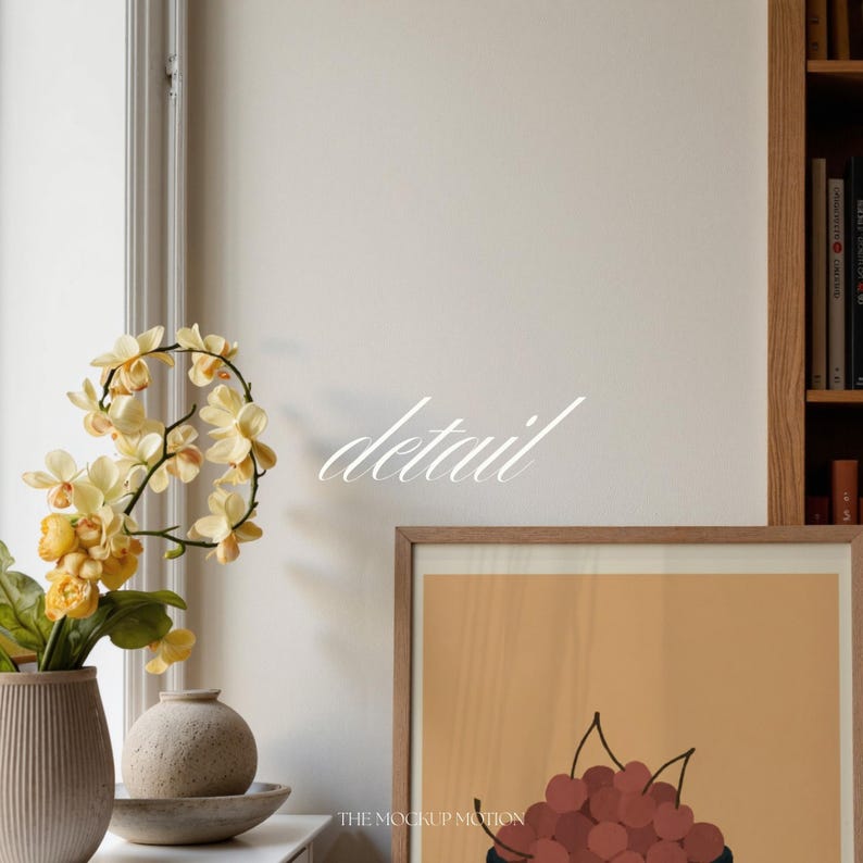 Portrait wooden frame mockups leaning against an oak bookcase in a cozy Scandinavian-style reading nook — soft natural window light, hardwood floor, decorative vases and orchids on a console; styled home decor and print mockups for listings.