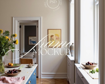 Vertical Frame Mockup, Cozy Kitchen Interior, PSD Template (DIN Ratio)