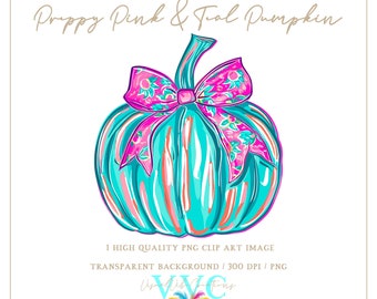 Preppy Pink & Teal Pumpkin Clip Art - transparent background in PNG - vibrant, halloween, autumn, happy halloween, pumpkin, floral, bow