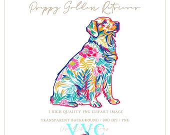 Preppy Golden Retriever Clip Art - transparent background in PNG - dog, dogs, cute puppy, vibrant, cute dog, retriever dog, animal