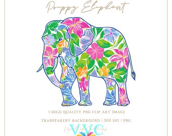 Preppy Elephant Clip Art - transparent background in PNG, floral, animal clip art, vibrant, zoo clip art, safari clip art, jungle clip art