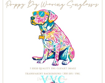 May include: A colorful, cartoon-style illustration of a dog wearing sunglasses. The dog is sitting and has a floral pattern on its body. The background is white.