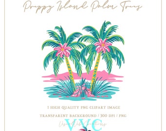 May include: A digital illustration of three preppy island palm trees with pink flowers. The trees are set against a pink and blue sunset background. The text "Preppy Island Palm Trees" is at the top of the image.