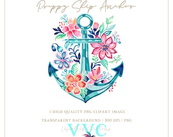 Preppy Ship Anchor Clip Art - transparent background in PNG - flower, floral, beach, Florida, tropical, nautical, boat, summer, coastal
