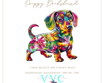 Preppy Dackel Clip Art - transparenter Hintergrund in PNG - Hund, Hunde, Dackel, süßer Hund, Welpe, lebendige, Blumen, Blume, Tier