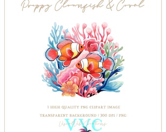 Preppy Clownfisk & Korall Clip Art - transparent bakgrund i PNG - fisk, hav, strand, ö, kust, paradis, strand, sommar
