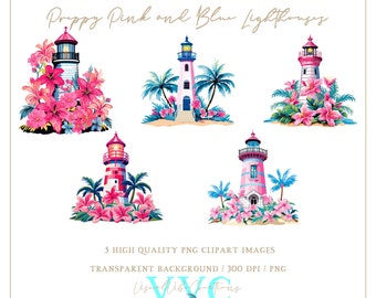 Clip-Art-Paket „Leuchttürme in Preppy Pink und Blau“, 5 maritime Küstenmotive (PNGs)