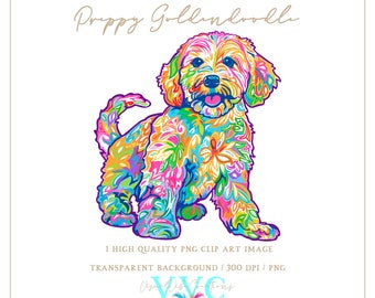 May include: A colorful digital illustration of a Goldendoodle puppy with a floral pattern. The puppy is sitting with its head tilted and its tongue sticking out. The background is white.