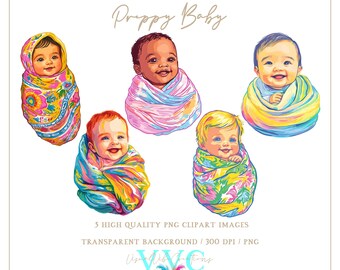 Preppy Baby Pack of 5 - transparent background in PNG - baby girl, baby boy, baby shower clip art, infant graphics, clip art for invitations