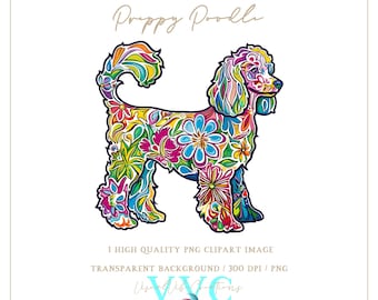 May include: A colorful illustration of a poodle, filled with floral patterns in shades of pink, blue, yellow, and green. The image includes the text "Preppy Poodle" and "Visual Vibe Creations".