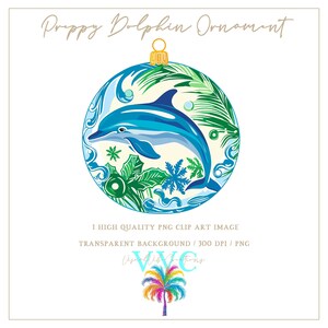 Preppy Dolphin Ornament Clip Art - fondo transparente en PNG - vibrante, feliz navidad, invierno, navidad tropical, Florida, navidad en la playa